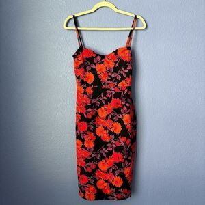 Women's Vesper Bodycon Cami Top Dress Orange Red Floral Print Size 10 Midi Zip